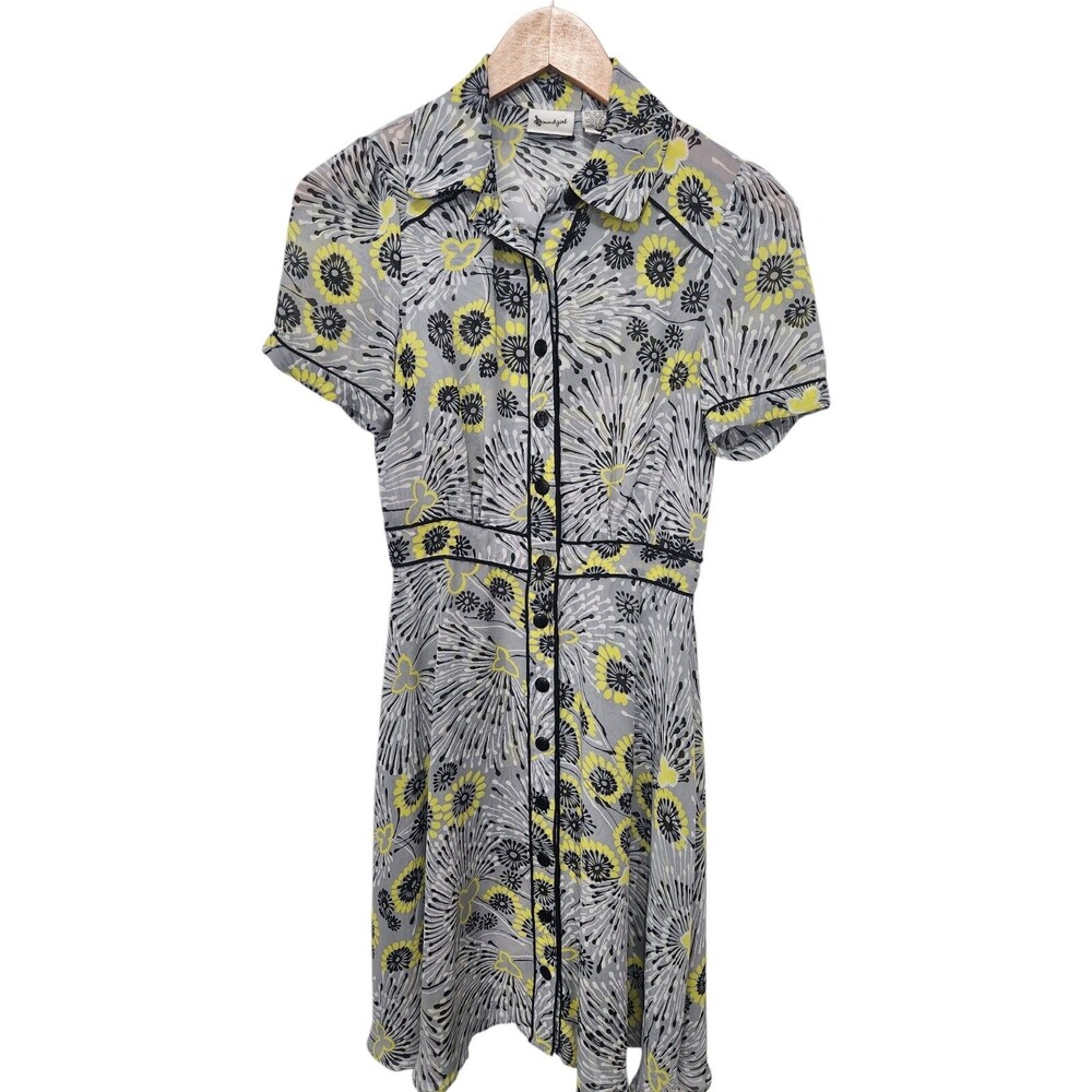 Soundgirl Button Dress Sz 4 Semi Sheer Gray Yellow Retro 50's Rockabilly Swing